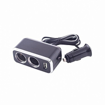 Разветвитель прикуривателя 2 гнезда + USB  SKYWAY Черный, предохранитель 10А, USB 500mA